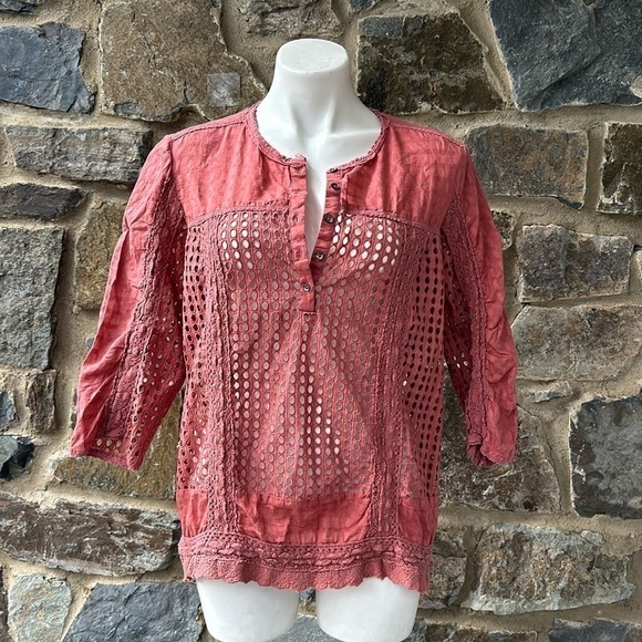 Sundance Terracotta pink eyelet popover blouse top Size Large - Picture 2 of 7